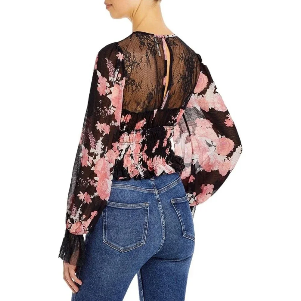 Free People Daphne Top Women's XS Black Floral Smocked Sheer Puff Sleeve JDM510